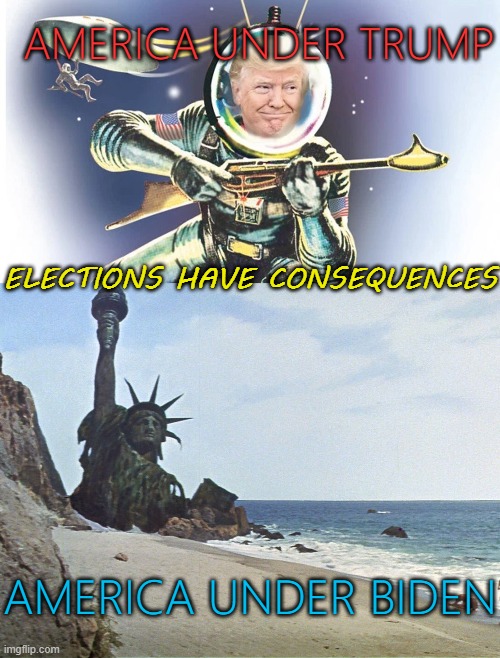 Elections Have Consequences; Trump vs Biden | AMERICA UNDER TRUMP; ELECTIONS HAVE CONSEQUENCES; AMERICA UNDER BIDEN | image tagged in elections have consequences | made w/ Imgflip meme maker