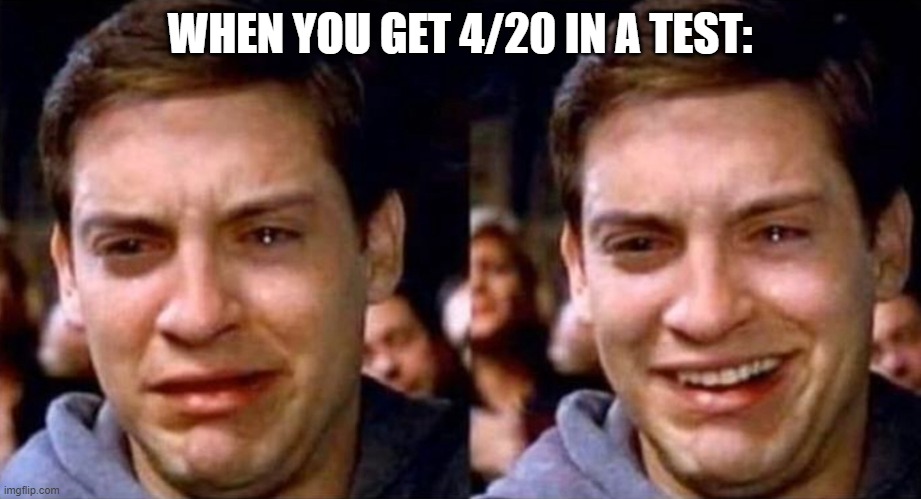 Peter Parker cry then smile | WHEN YOU GET 4/20 IN A TEST: | image tagged in peter parker cry then smile,420 | made w/ Imgflip meme maker