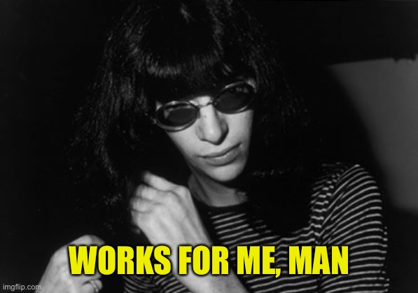 joey ramone | WORKS FOR ME, MAN | image tagged in joey ramone | made w/ Imgflip meme maker