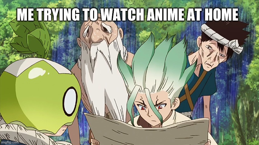 Needs a title to submit so here ya go | ME TRYING TO WATCH ANIME AT HOME | image tagged in anime,dr stone,somewhat funny,otaku,gangstablook was here | made w/ Imgflip meme maker