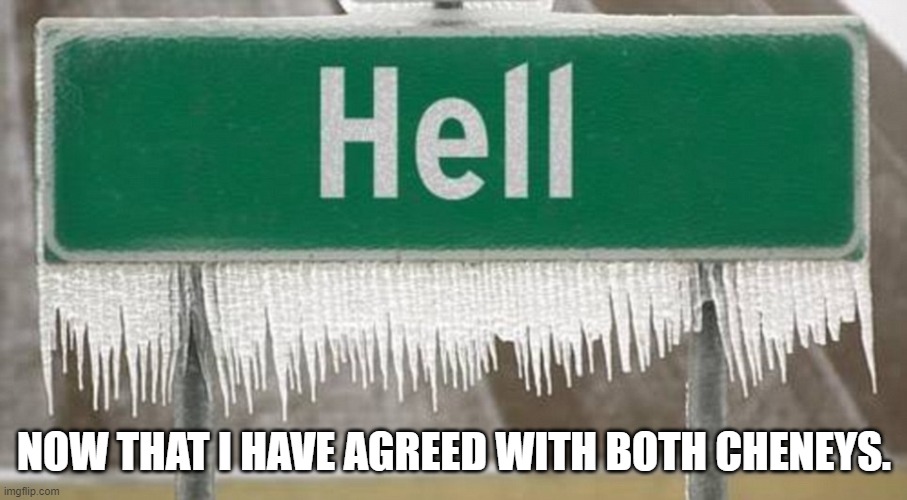 Frozen hell | NOW THAT I HAVE AGREED WITH BOTH CHENEYS. | image tagged in frozen hell | made w/ Imgflip meme maker