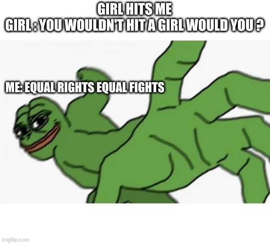 Equal rights Equal fights | GIRL HITS ME
GIRL : YOU WOULDN'T HIT A GIRL WOULD YOU ? ME: EQUAL RIGHTS EQUAL FIGHTS | image tagged in pepe punch | made w/ Imgflip meme maker