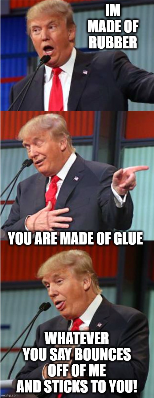 Bad Pun Trump | IM MADE OF RUBBER WHATEVER YOU SAY BOUNCES OFF OF ME AND STICKS TO YOU! YOU ARE MADE OF GLUE | image tagged in bad pun trump | made w/ Imgflip meme maker