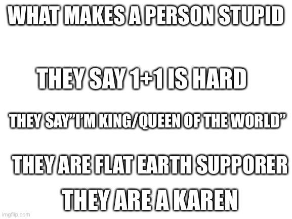 Blank White Template | WHAT MAKES A PERSON STUPID; THEY SAY 1+1 IS HARD; THEY SAY”I’M KING/QUEEN OF THE WORLD”; THEY ARE FLAT EARTH SUPPORER; THEY ARE A KAREN | image tagged in blank white template | made w/ Imgflip meme maker