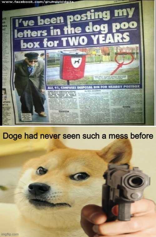 Doge's day is ruined and his anger is incomparable | Doge had never seen such a mess before | image tagged in doge holding a gun,newspaper,dog poop,letters,you had one job | made w/ Imgflip meme maker