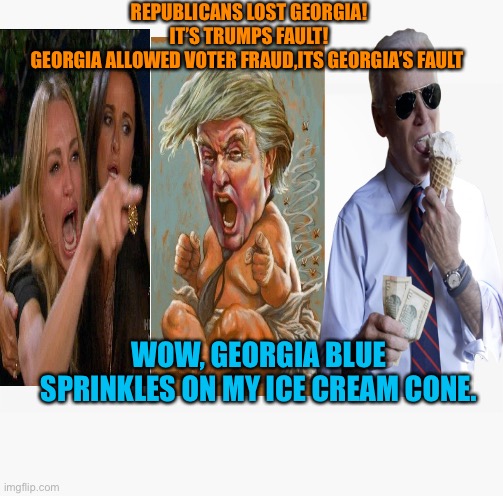 Georgia goes blue! | REPUBLICANS LOST GEORGIA! IT’S TRUMPS FAULT!
GEORGIA ALLOWED VOTER FRAUD,ITS GEORGIA’S FAULT; WOW, GEORGIA BLUE SPRINKLES ON MY ICE CREAM CONE. | image tagged in donald trump,georgia,voter fraud,gop,lost,loser | made w/ Imgflip meme maker