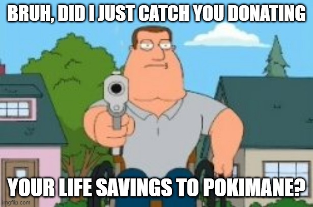 did u really just did that? | BRUH, DID I JUST CATCH YOU DONATING; YOUR LIFE SAVINGS TO POKIMANE? | image tagged in joe swanson gun | made w/ Imgflip meme maker