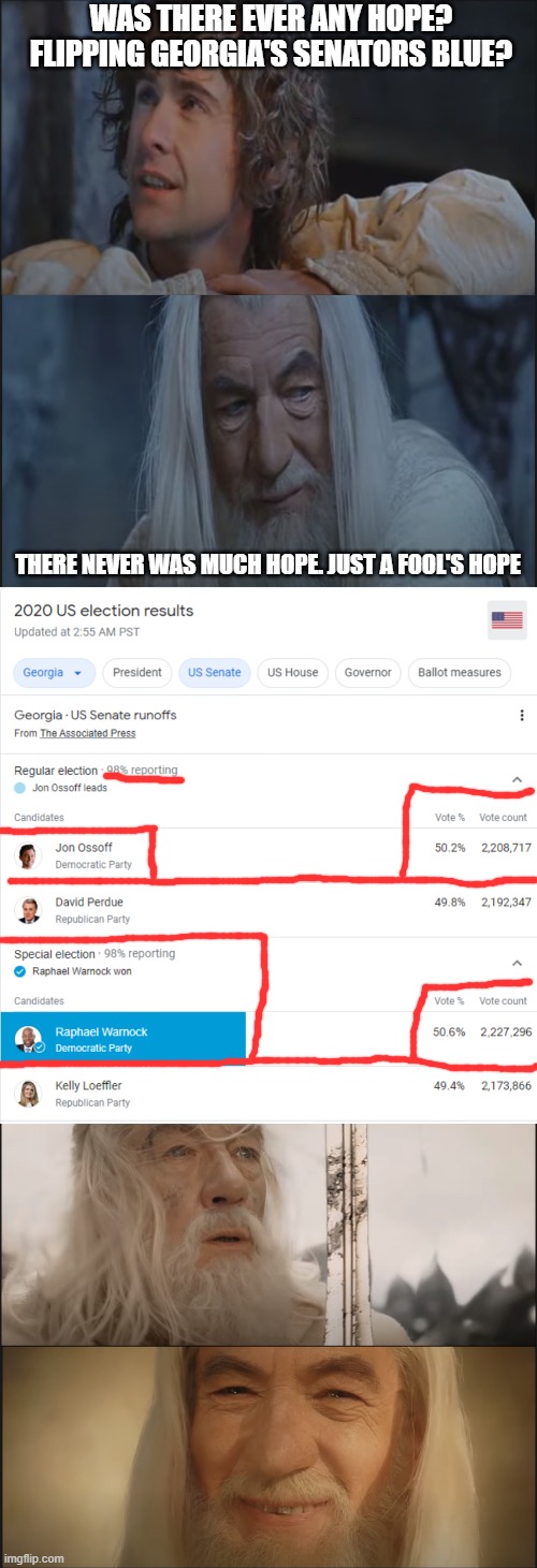 Only a fool's hope... but we did it. | WAS THERE EVER ANY HOPE? FLIPPING GEORGIA'S SENATORS BLUE? THERE NEVER WAS MUCH HOPE. JUST A FOOL'S HOPE | image tagged in gandalf,peregrin took,frodo,georgia,election 2020 | made w/ Imgflip meme maker