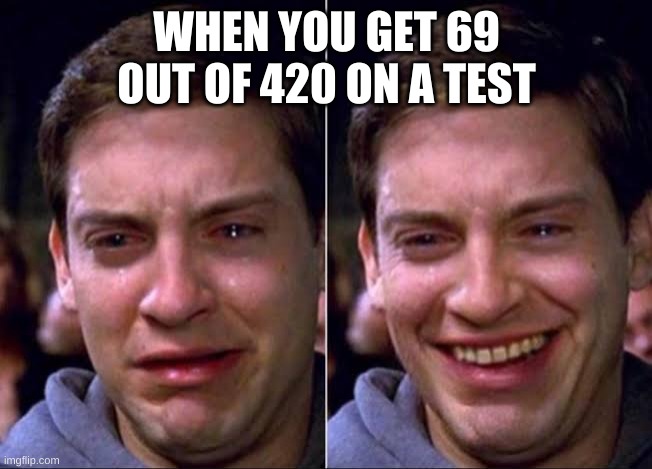 69 420 | WHEN YOU GET 69 OUT OF 420 ON A TEST | image tagged in spiderman crying | made w/ Imgflip meme maker