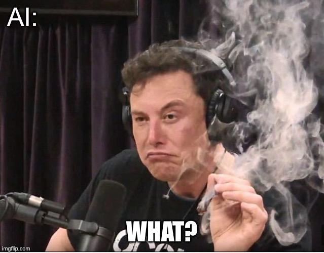 Elon Musk smoking a joint | AI: WHAT? | image tagged in elon musk smoking a joint | made w/ Imgflip meme maker