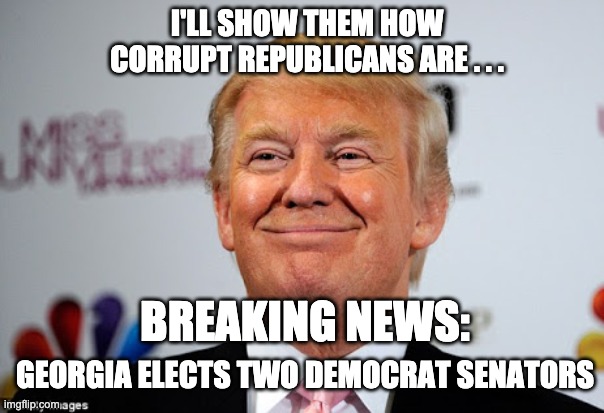 Thanks Donny Boy . . . couldn't have done it without ya | I'LL SHOW THEM HOW CORRUPT REPUBLICANS ARE . . . BREAKING NEWS:; GEORGIA ELECTS TWO DEMOCRAT SENATORS | image tagged in donald trump approves,loser,trump,georgia,senators,democrats | made w/ Imgflip meme maker