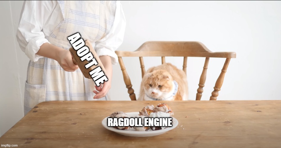 adopt me vs ragdoll engine | ADOPT ME; RAGDOLL ENGINE | image tagged in yedy101 destroying food meme,roblox,roblox meme,adopt me,ragdoll engine | made w/ Imgflip meme maker