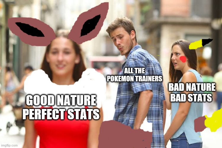 Gotta get those perfect stats | ALL THE POKEMON TRAINERS; BAD NATURE BAD STATS; GOOD NATURE PERFECT STATS | image tagged in memes,distracted boyfriend | made w/ Imgflip meme maker