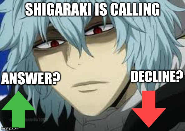 Shigaraki is Calling |  SHIGARAKI IS CALLING; DECLINE? ANSWER? | image tagged in my hero academia,anime | made w/ Imgflip meme maker