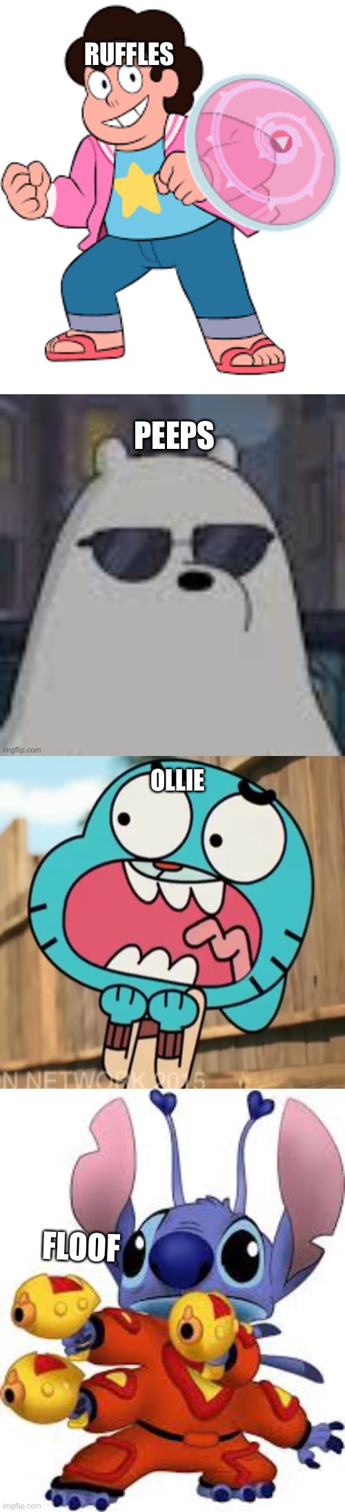 My OC’s Voices | RUFFLES; PEEPS; OLLIE; FLOOF | image tagged in oc | made w/ Imgflip meme maker