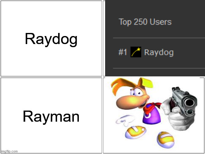 Anybody thought of this? | Raydog; Rayman | image tagged in memes,blank comic panel 2x2,funny,raydog,rayman,how the turntables | made w/ Imgflip meme maker