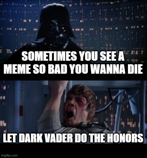 Star Wars No Meme | SOMETIMES YOU SEE A MEME SO BAD YOU WANNA DIE; LET DARK VADER DO THE HONORS | image tagged in memes,star wars no | made w/ Imgflip meme maker