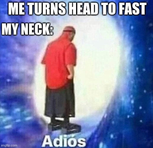 Adios | ME TURNS HEAD TO FAST; MY NECK: | image tagged in adios | made w/ Imgflip meme maker
