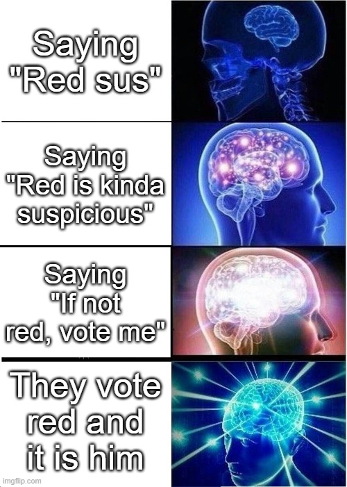 Expanding Brain Meme | Saying "Red sus"; Saying "Red is kinda suspicious"; Saying "If not red, vote me"; They vote red and it is him | image tagged in memes,expanding brain | made w/ Imgflip meme maker