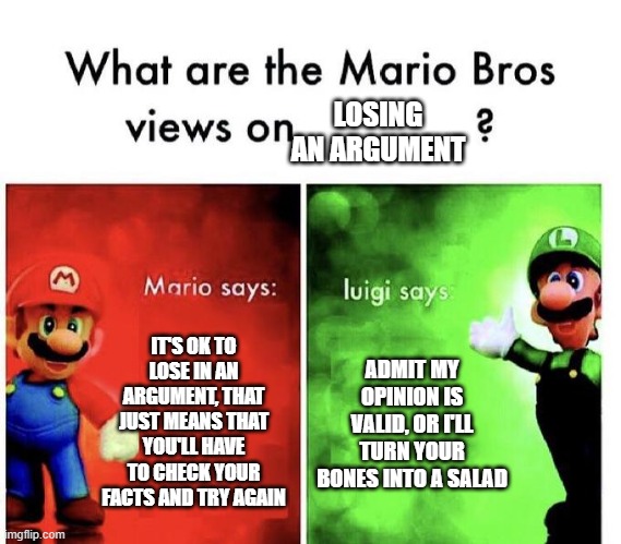 Mario Bros Views | LOSING AN ARGUMENT; IT'S OK TO LOSE IN AN ARGUMENT, THAT JUST MEANS THAT YOU'LL HAVE TO CHECK YOUR FACTS AND TRY AGAIN; ADMIT MY OPINION IS VALID, OR I'LL TURN YOUR BONES INTO A SALAD | image tagged in mario bros views | made w/ Imgflip meme maker