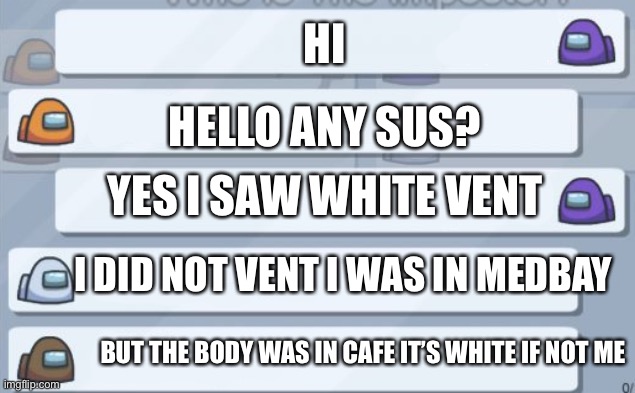 Ur sus ok? | HI; HELLO ANY SUS? YES I SAW WHITE VENT; I DID NOT VENT I WAS IN MEDBAY; BUT THE BODY WAS IN CAFE IT’S WHITE IF NOT ME | image tagged in among us chat | made w/ Imgflip meme maker
