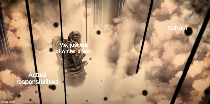 I just want to go back. | School; Me, just out of winter break; Actual responsibilities | image tagged in hollow knight,responsibilities,school,memes | made w/ Imgflip meme maker
