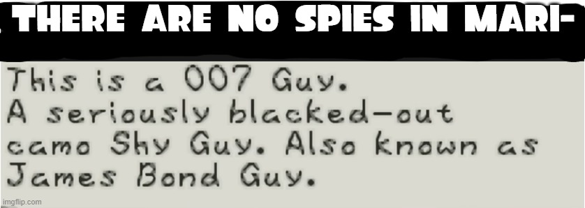 When spies invade mario | THERE ARE NO SPIES IN MARI- | image tagged in paper mario spy,memes | made w/ Imgflip meme maker