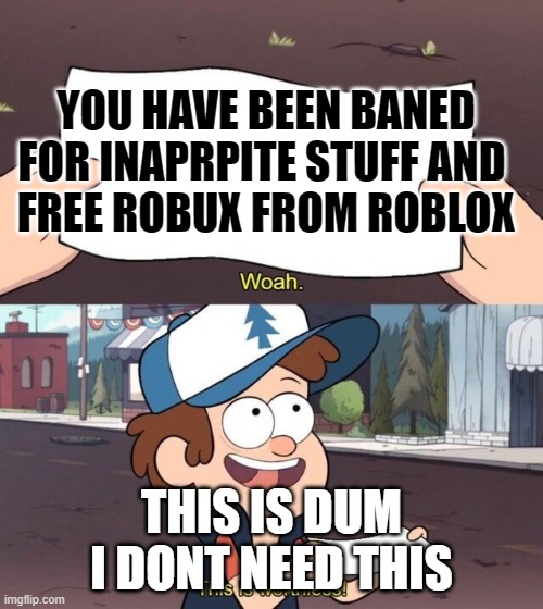 dipper has been banned from roblox | YOU HAVE BEEN BANED
FOR INAPRPITE STUFF AND 
FREE ROBUX FROM ROBLOX; THIS IS DUM I DONT NEED THIS | image tagged in gravity falls meme | made w/ Imgflip meme maker