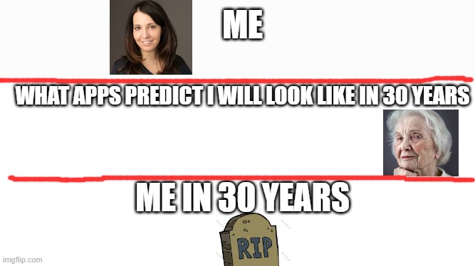 Totally true. | ME; WHAT APPS PREDICT I WILL LOOK LIKE IN 30 YEARS; ME IN 30 YEARS | image tagged in blank white page | made w/ Imgflip meme maker