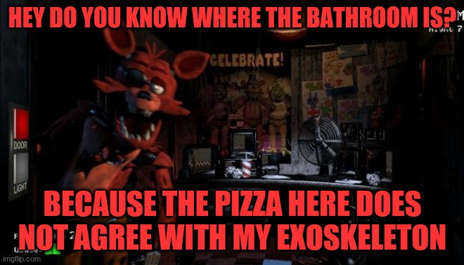 Foxy Five Nights at Freddy's | HEY DO YOU KNOW WHERE THE BATHROOM IS? BECAUSE THE PIZZA HERE DOES NOT AGREE WITH MY EXOSKELETON | image tagged in foxy five nights at freddy's | made w/ Imgflip meme maker