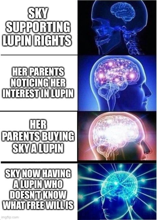 Yes, I see you are very interested in the rights of these slaves, how about I buy you one? | SKY SUPPORTING LUPIN RIGHTS; HER PARENTS NOTICING HER INTEREST IN LUPIN; HER PARENTS BUYING SKY A LUPIN; SKY NOW HAVING A LUPIN WHO DOESN’T KNOW WHAT FREE WILL IS | image tagged in memes,expanding brain | made w/ Imgflip meme maker
