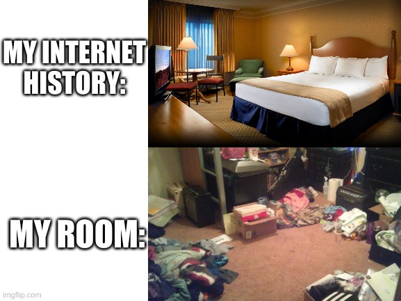 comparison 100 | MY INTERNET HISTORY:; MY ROOM: | image tagged in memes,funny,rooms,internet history,comparison | made w/ Imgflip meme maker