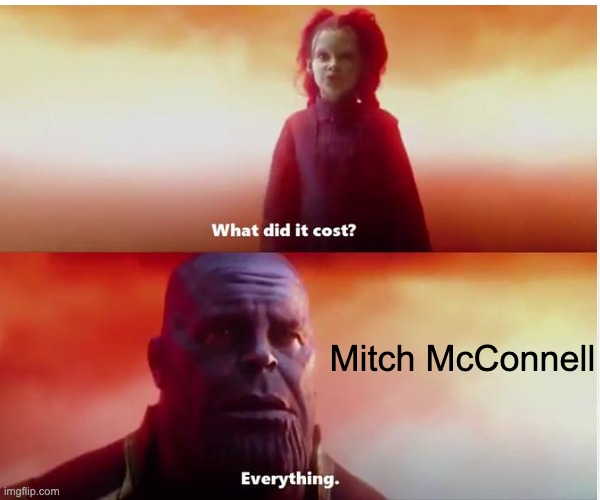 Political Infinity War | Mitch McConnell | image tagged in thanos what did it cost,mitch mcconnell | made w/ Imgflip meme maker