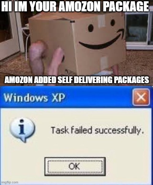 wow | HI IM YOUR AMOZON PACKAGE; AMOZON ADDED SELF DELIVERING PACKAGES | image tagged in task failed successfully | made w/ Imgflip meme maker