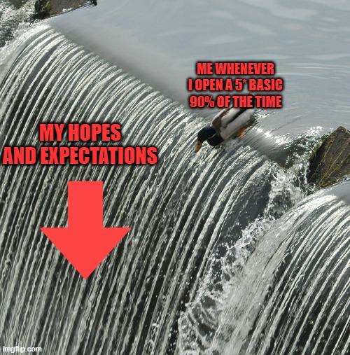 Duck over waterfall | ME WHENEVER I OPEN A 5* BASIC 90% OF THE TIME; MY HOPES AND EXPECTATIONS | image tagged in duck over waterfall | made w/ Imgflip meme maker