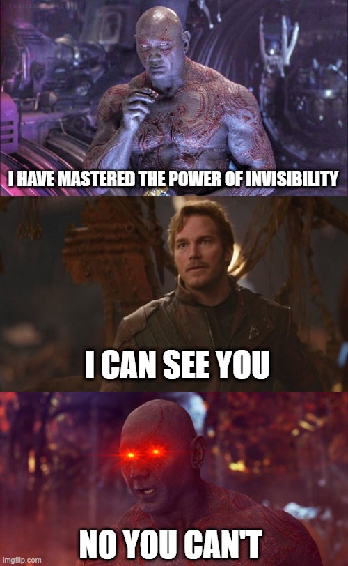 to be invisible or- oh wait | I HAVE MASTERED THE POWER OF INVISIBILITY; I CAN SEE YOU; NO YOU CAN'T | image tagged in drax | made w/ Imgflip meme maker