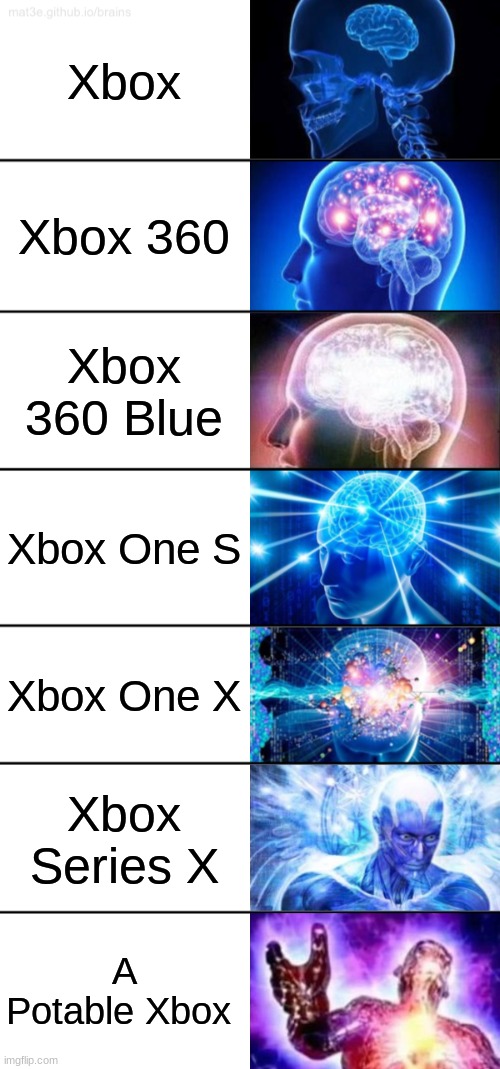 Xbox Evolution |  Xbox; Xbox 360; Xbox 360 Blue; Xbox One S; Xbox One X; Xbox Series X; A Potable Xbox | image tagged in 7-tier expanding brain,xbox,xbox one | made w/ Imgflip meme maker