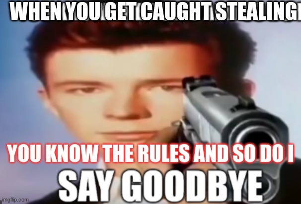 rick astley "say goodbye" | WHEN YOU GET CAUGHT STEALING; YOU KNOW THE RULES AND SO DO I | image tagged in rick astley you know the rules | made w/ Imgflip meme maker