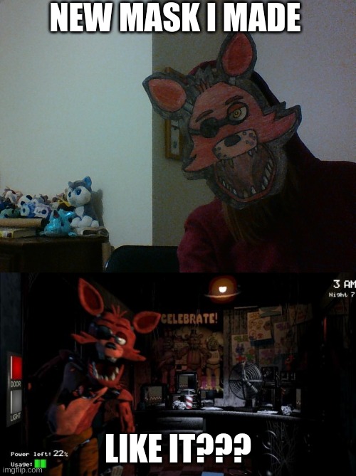 This is my first cosplay mask. I can't do makeup, so this will have to do | NEW MASK I MADE; LIKE IT??? | image tagged in foxy five nights at freddy's,foxy,mask | made w/ Imgflip meme maker