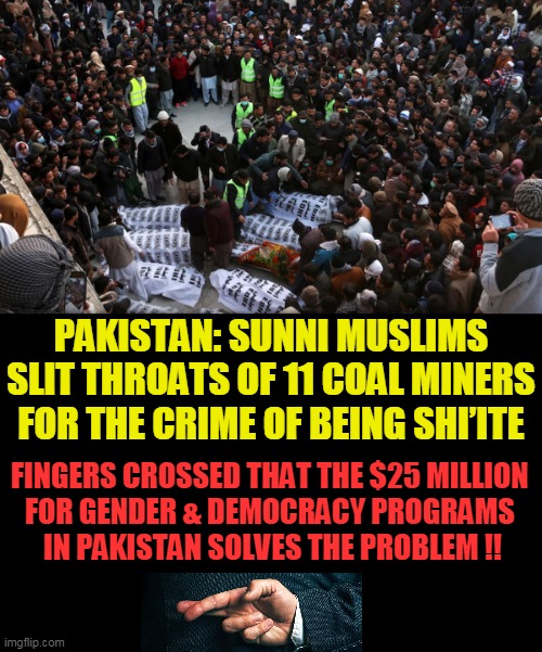 Just Sayin'.... | FINGERS CROSSED THAT THE $25 MILLION 
FOR GENDER & DEMOCRACY PROGRAMS 

IN PAKISTAN SOLVES THE PROBLEM !! PAKISTAN: SUNNI MUSLIMS SLIT THROATS OF 11 COAL MINERS FOR THE CRIME OF BEING SHI’ITE | image tagged in political meme,democracy,gender,democrats | made w/ Imgflip meme maker