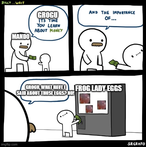 Billy no | GROGU; MANDO; GROGU, WHAT HAVE I SAID ABOUT THOSE EGGS? NO! FROG LADY EGGS | image tagged in billy no | made w/ Imgflip meme maker