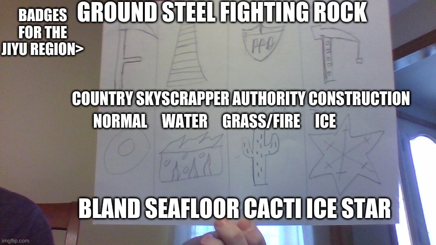 What you need for the new regions pokemon league!!! | GROUND STEEL FIGHTING ROCK; BADGES FOR THE JIYU REGION>; COUNTRY SKYSCRAPPER AUTHORITY CONSTRUCTION; NORMAL     WATER     GRASS/FIRE     ICE; BLAND SEAFLOOR CACTI ICE STAR | image tagged in pokemon | made w/ Imgflip meme maker