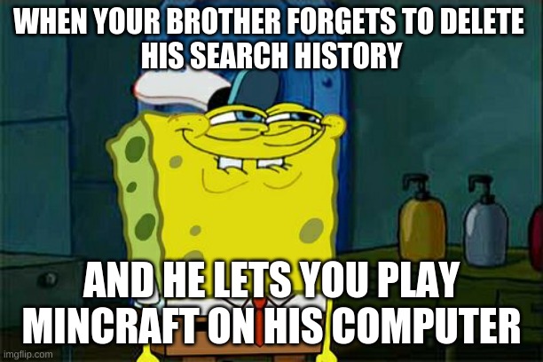 Don't You Squidward | WHEN YOUR BROTHER FORGETS TO DELETE 
HIS SEARCH HISTORY; AND HE LETS YOU PLAY MINCRAFT ON HIS COMPUTER | image tagged in memes,don't you squidward | made w/ Imgflip meme maker