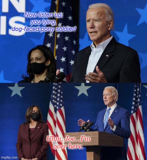 Joe Biden and Kamala Harris | Now listen up, you lying, dog-faced pony soldier! Uhm, Joe...I'm over here. | image tagged in joe biden and kamala harris | made w/ Imgflip meme maker