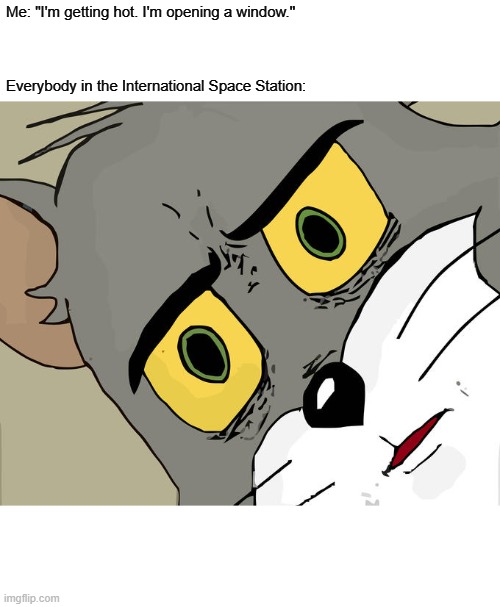 Unsettled Tom Meme | Me: "I'm getting hot. I'm opening a window."
 
 
 
Everybody in the International Space Station: | image tagged in memes,unsettled tom | made w/ Imgflip meme maker