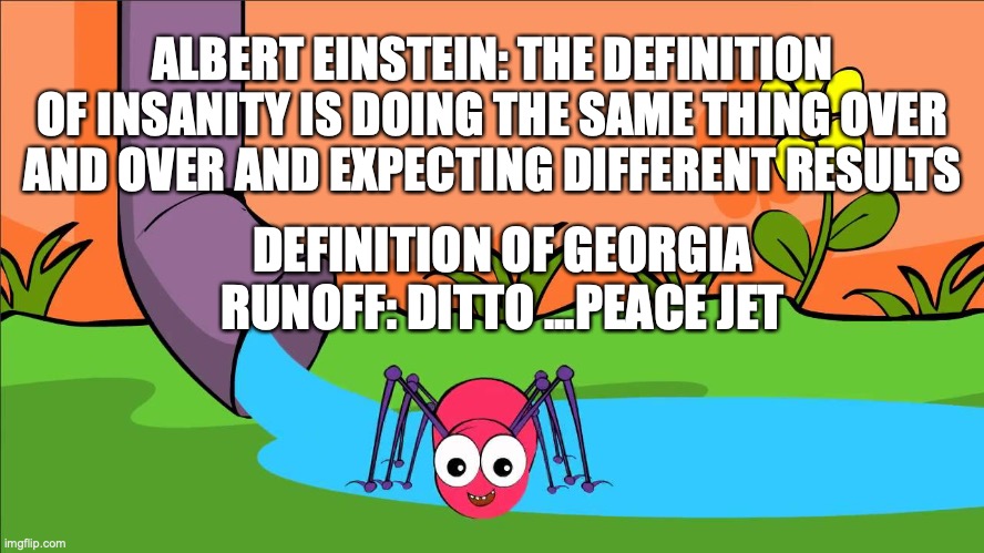 Insanity | ALBERT EINSTEIN: THE DEFINITION OF INSANITY IS DOING THE SAME THING OVER AND OVER AND EXPECTING DIFFERENT RESULTS; DEFINITION OF GEORGIA RUNOFF: DITTO ...PEACE JET | image tagged in election,vote,republicans,every day we stray further from god | made w/ Imgflip meme maker
