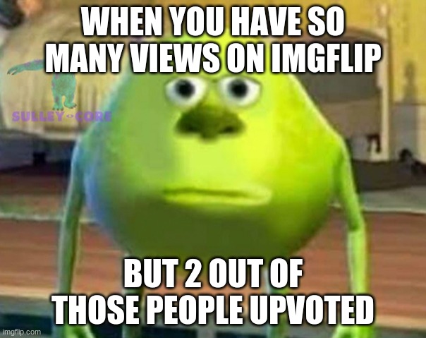 are we doing something wrong??? | WHEN YOU HAVE SO MANY VIEWS ON IMGFLIP; BUT 2 OUT OF THOSE PEOPLE UPVOTED | image tagged in monsters inc | made w/ Imgflip meme maker