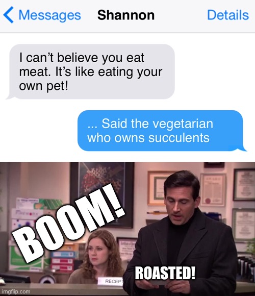 Boom!  Roasted! | BOOM! ROASTED! | image tagged in boom roasted,funny,memes,vegetarian,text messages | made w/ Imgflip meme maker