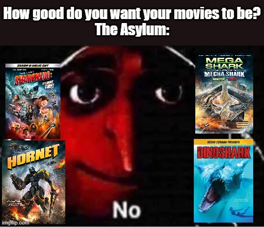 Gru No | How good do you want your movies to be?
The Asylum: | image tagged in gru no,memes,the asylum,movies,films | made w/ Imgflip meme maker