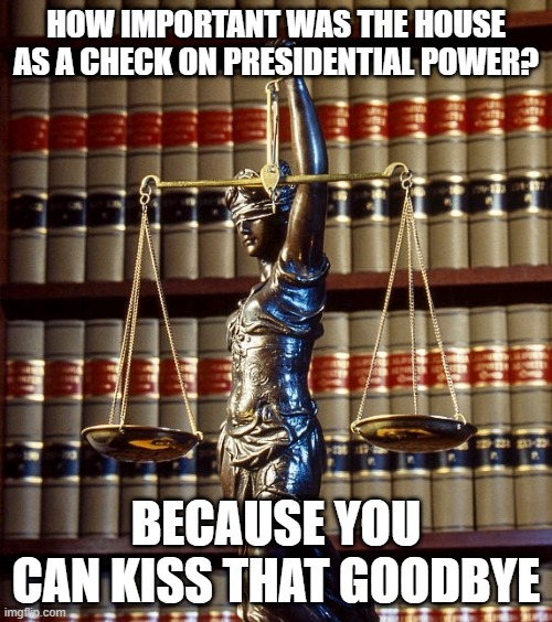 law library books justice tyranny | HOW IMPORTANT WAS THE HOUSE AS A CHECK ON PRESIDENTIAL POWER? BECAUSE YOU CAN KISS THAT GOODBYE | image tagged in law library books justice tyranny | made w/ Imgflip meme maker